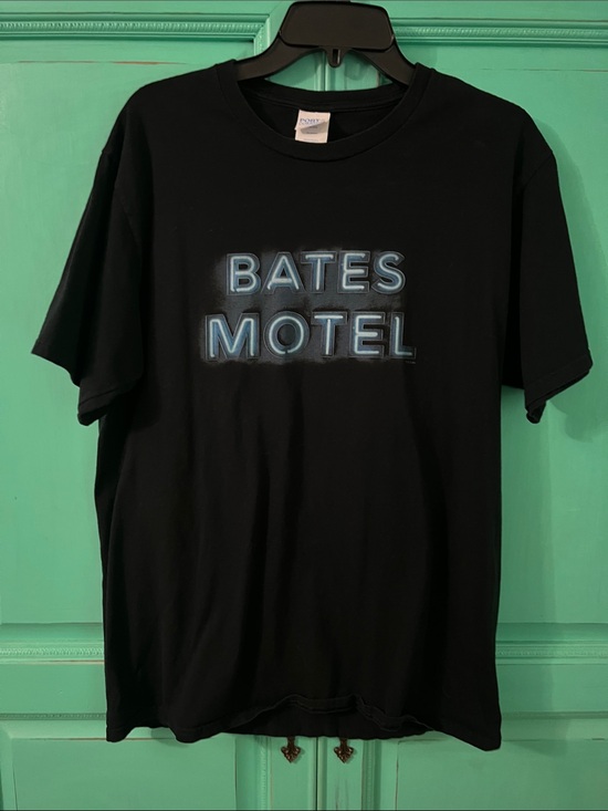 Port Company Other - Bates Motel Black Graphic Tee with Blue Neon Text